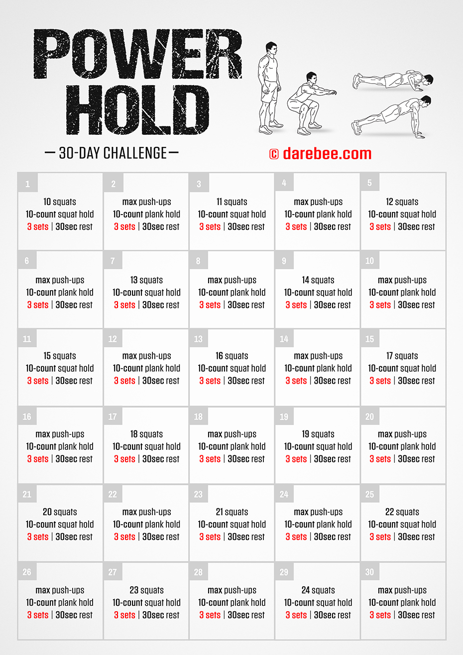 The Power Hold Challenge is a DAREBEE home fitness, no-equipment bodyweight structured month-long workout you can do at home.