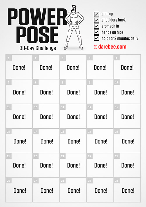 Power Pose is a DAREBEE home fitness monthly fitness challenge that helps your inner strength and mental health through the daily, month-long application of a simple power pose.