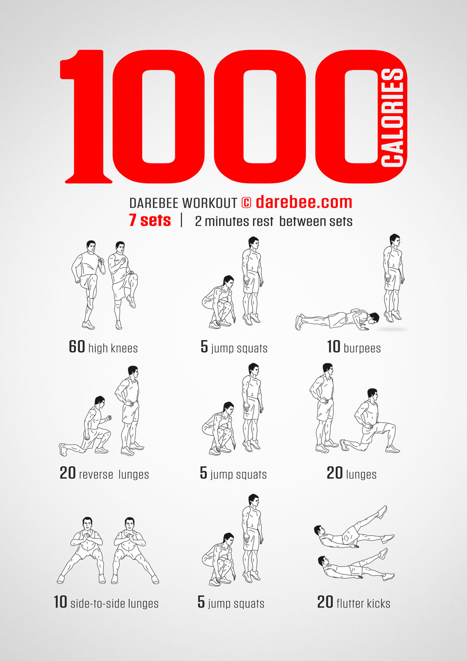 1000 Calories Workout is a DAREBEE home fitness no-equipment high-burn high-intensity workout that helps you burn 1,000 calories in a single workout.