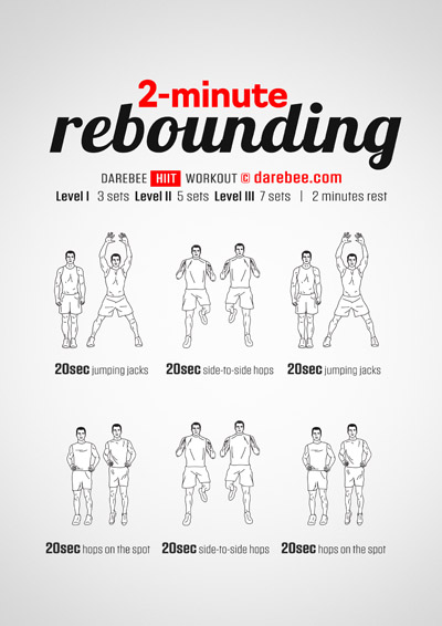 2-Minute Rebounding is a DAREBEE home fitness no-equipment workout that helps you develop strong fascia and increase your endurance and joint stability.