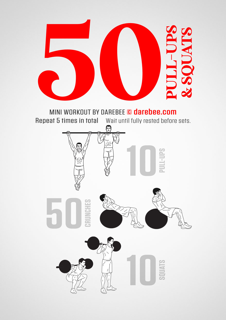 50 Pull-Ups & Squats is a DAREBEE home fitness workout that gets you to do, over five sets, at home 50 Pull-Ups & Squats to build phenomenal strength.