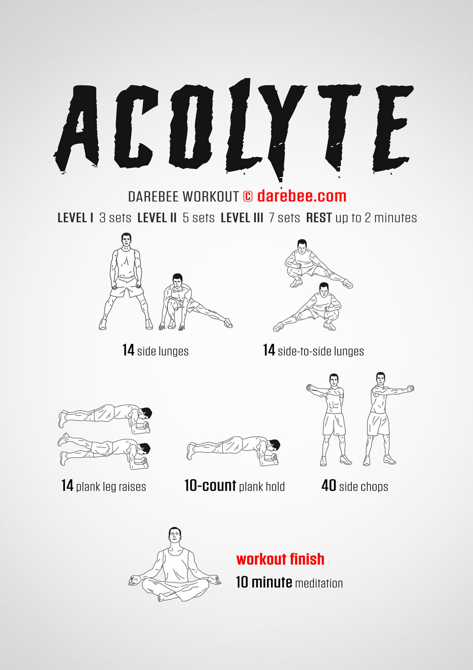 Acolyte  is a DAREBEE home fitness no-equipment total-body strength and tone workout that also helps you achieve some inner peace.