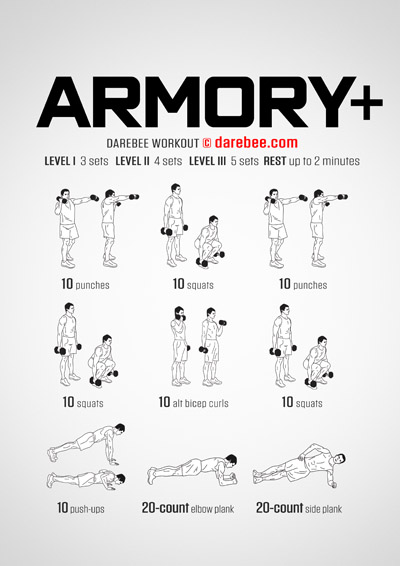 Armory Plus is a DAREBEE dumbbells-based home-fitness home workout that makes you stronger, more agile and more mobile.