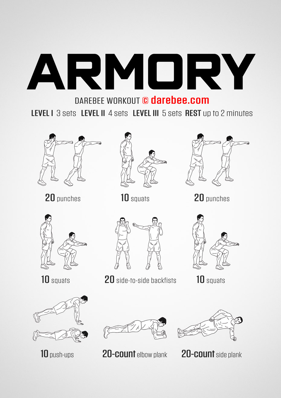 Armory is a DAREBEE no-equipment home fitness workout that makes you stronger and increases your overall mobility and agility.