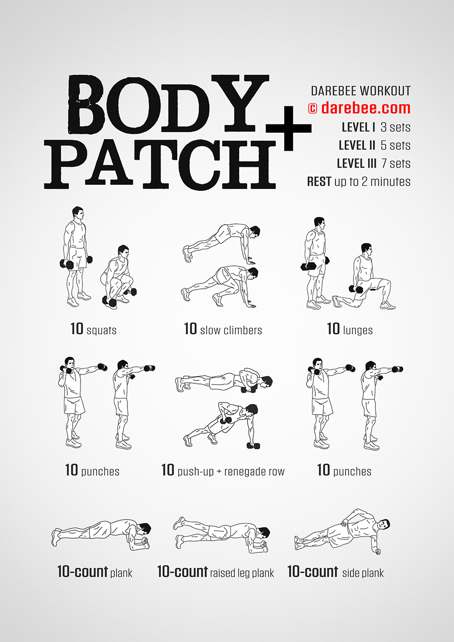 Body Patch Plus is a DAREBEE home fitness resistance training total body strength workout that utilizes a set of dumbbells to target the entire body for strength.