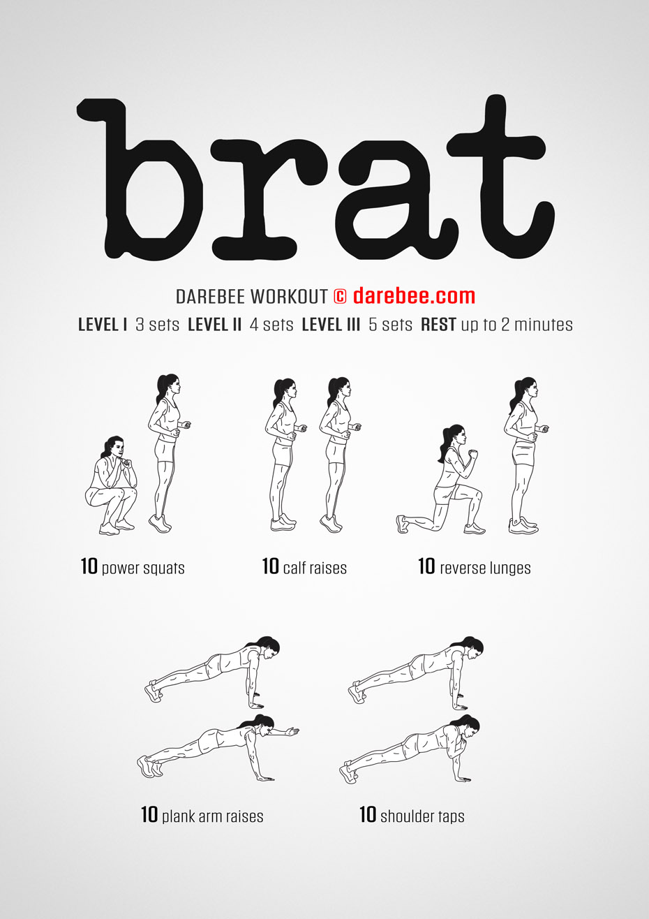 Brat is a DAREBEE no-equipment home fitness total body strength home workout that will make you stronger and fitter.