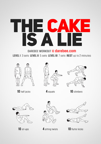 The Cake Is A Lie is a DAREBEE full body, high-burn home fitness no-equipment workout you can use to lose weight at home and improve your cardiovascular fitness.