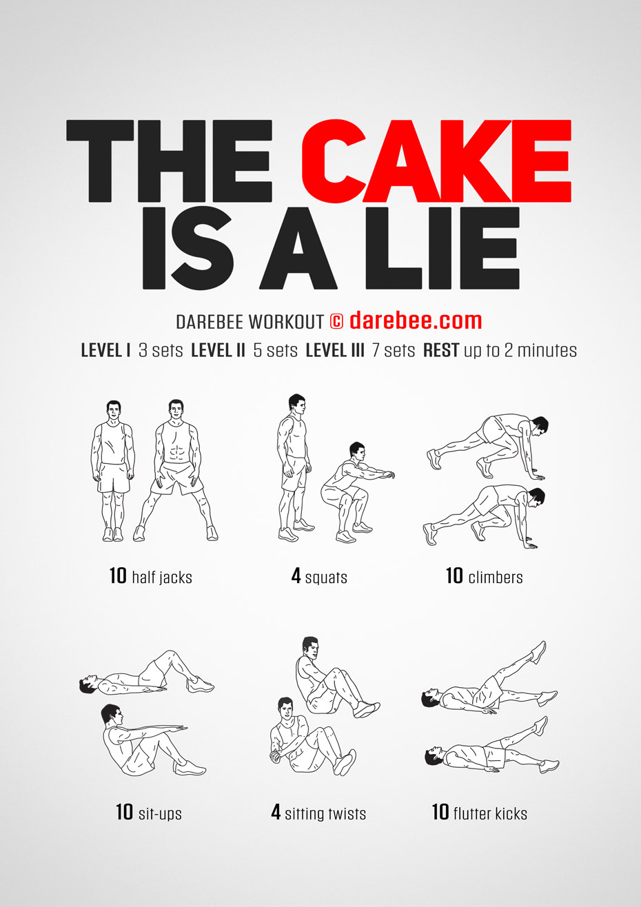 The Cake Is A Lie is a DAREBEE full body, high-burn home fitness no-equipment workout you can use to lose weight at home and improve your cardiovascular fitness.