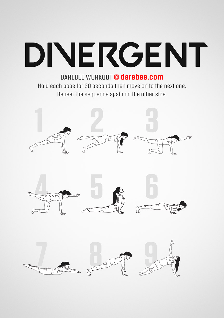 Divergent is a DAREBEE no-equipment, full body, yoga-based home fitness workout that will challenge your mastery of your body.