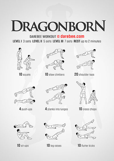 Dragonborn is a DAREBEE home fitness tribute to Skyrim no-equipment, total body strength workout you can do at home.