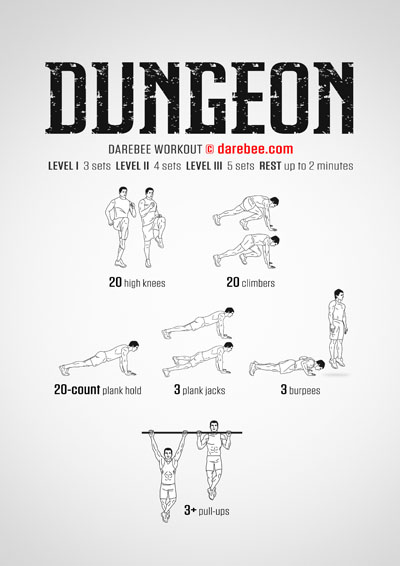 Dungeon is  a DAREBEE home fitness total body strength workout for advanced fitness practitioners to try out at home.