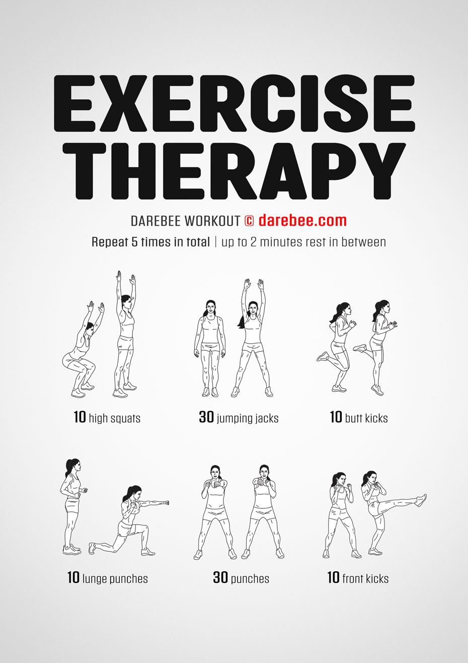 Exercise Therapy is a Darebee home-fitness workout that tests your cardiovascular and aerobic fitness and makes you sweat.