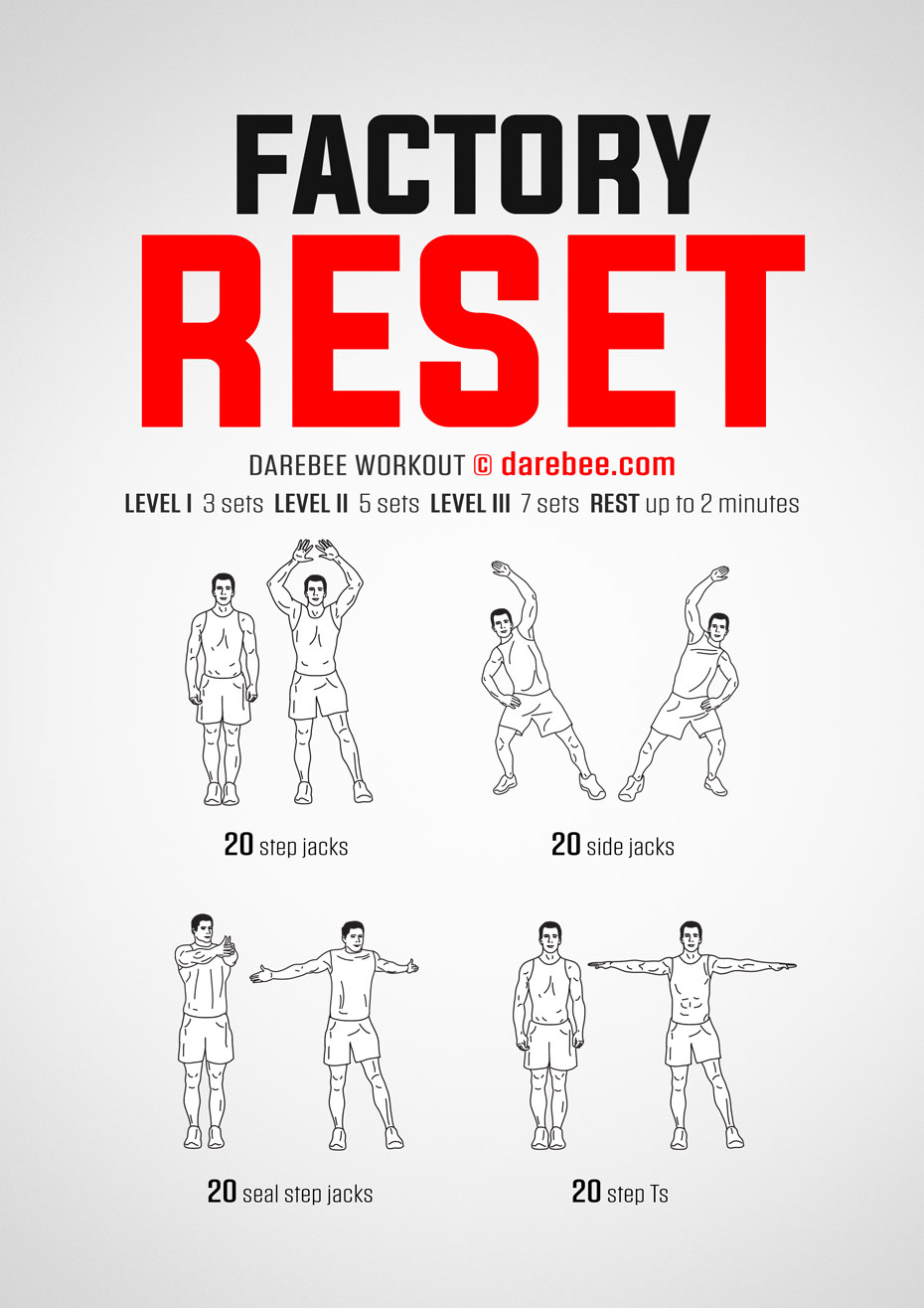 Factory Reset is a DAREBEE home fitness no-equipment home cardio and aerobic workout that will get your body moving without emptying your batteries.