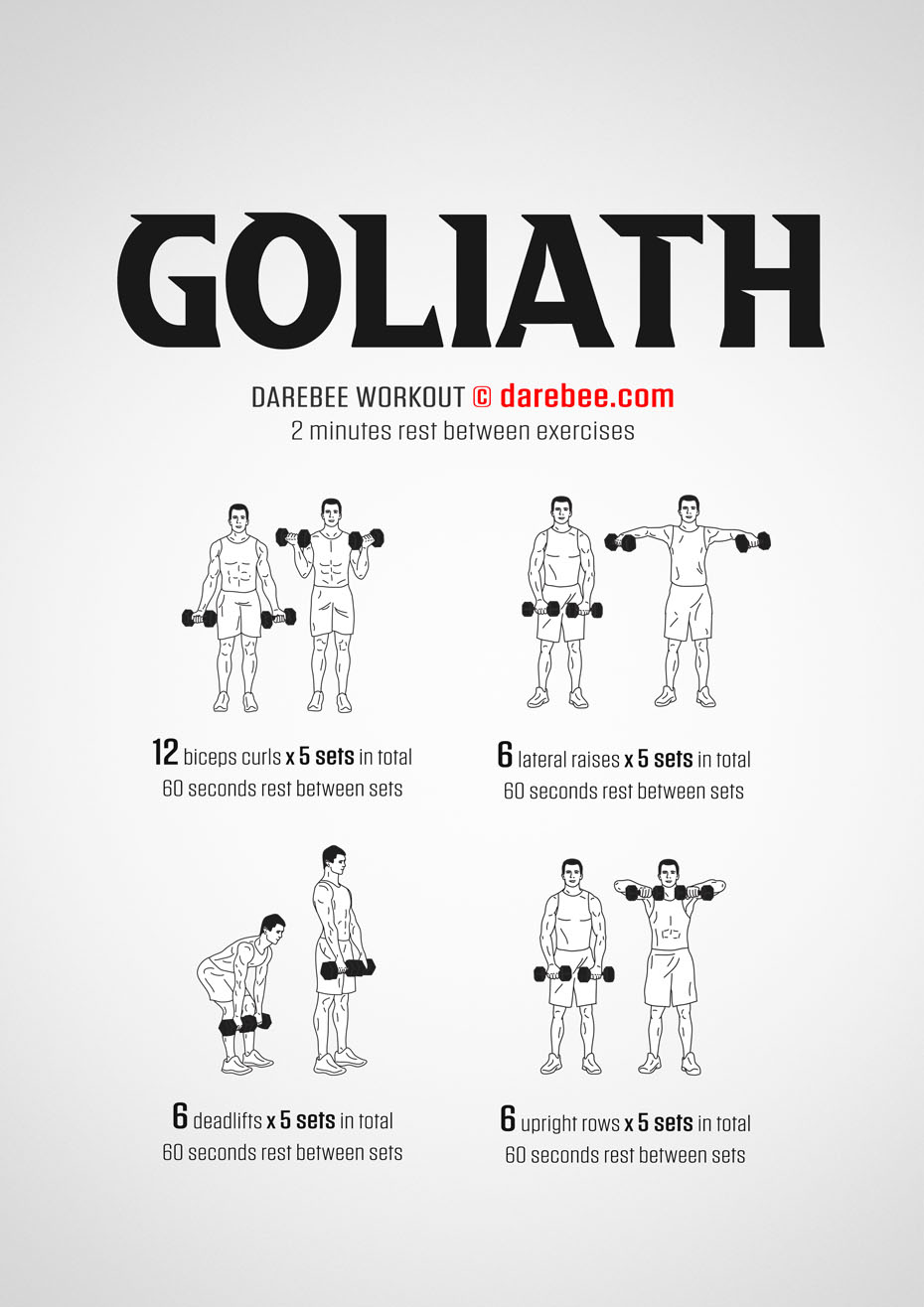 Goliath is a DAREBEE home fitness weights workout that focuses on building stronger muscles and healthier bones through a set of dumbbell exercises.