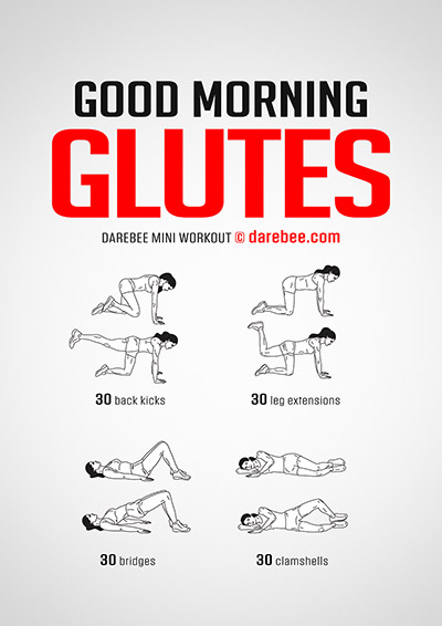 Good Morning, Glutes is a DAREBEE home fitness no-equipment lower body strength and tone workout that helps you feel stronger and be healthier.