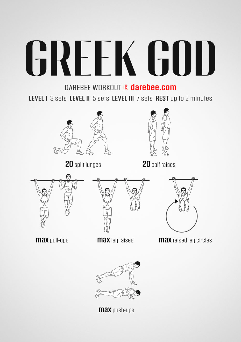 Greek God is a difficulty level V Darebee home-fitness total strength workout.