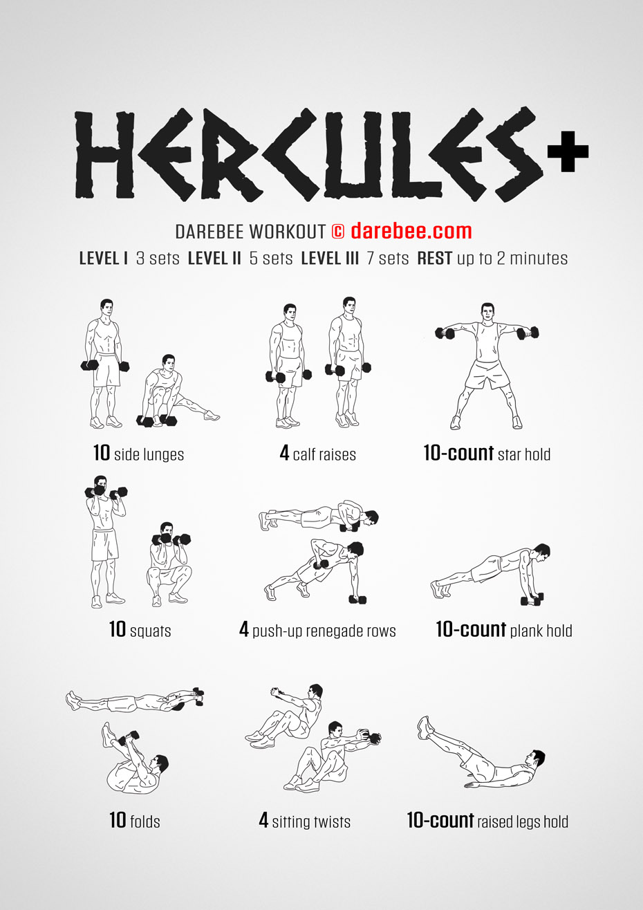 Hercules Plus is a DAREBEE home fitness workout that requires the use of dumbbells to help you become stronger and feel healthier.