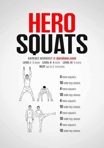 Hero Squats is a DAREBEE no-equipment home fitness lower body strength and mobility workout that helps you develop lower body strength and mobility.