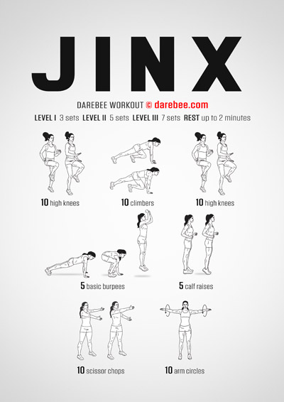 Jinx is a DAREBEE no-equipment, total body home fitness workout that will help you develop great aerobic endurance and cardiovascular fitness without leaving home.