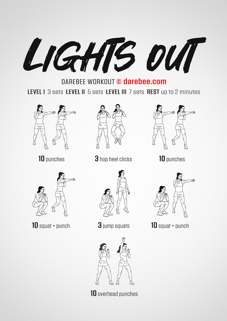 Lights Out is  a DAREBEE home fitness no-equipment combat moves based workout that helps your brain become sharper and your body become faster and stronger.