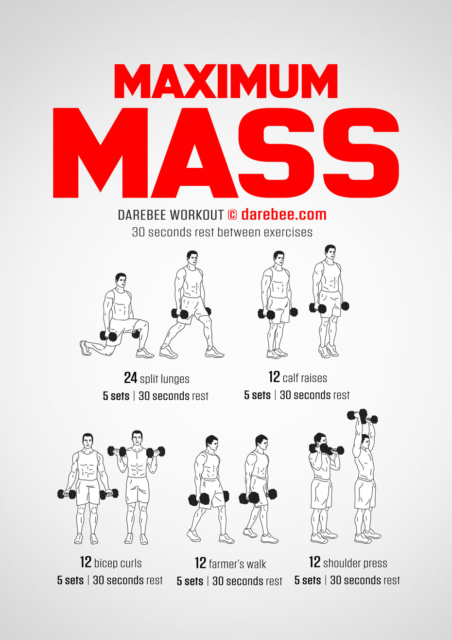 Maximum Mass is a DAREBEE home fitness dumbbells workout that uses a set of weights to help you develop great bone strength and good mental health.