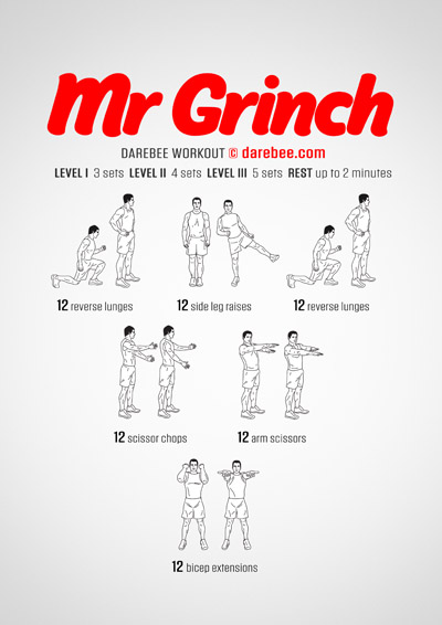 Mr Grinch is a DAREBEE no-equipment light-intensity total body strength home workout that will help you maintain your training streak on days when you feel a little low.