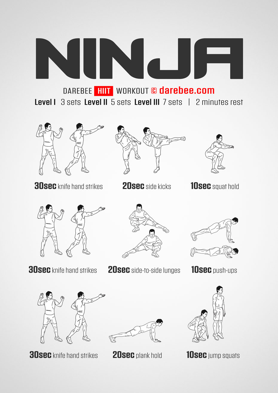 Ninja is a DAREBEE home fitness no-equipment total body workout that will make you fast, strong and hard to tire out.