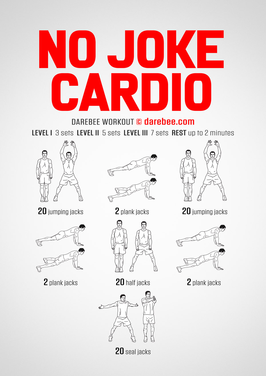 No Joke Cardio is a DAREBEE no-equipment home cardio home workout that will streamline your body and help you improve your aerobic capacity and endurance. 