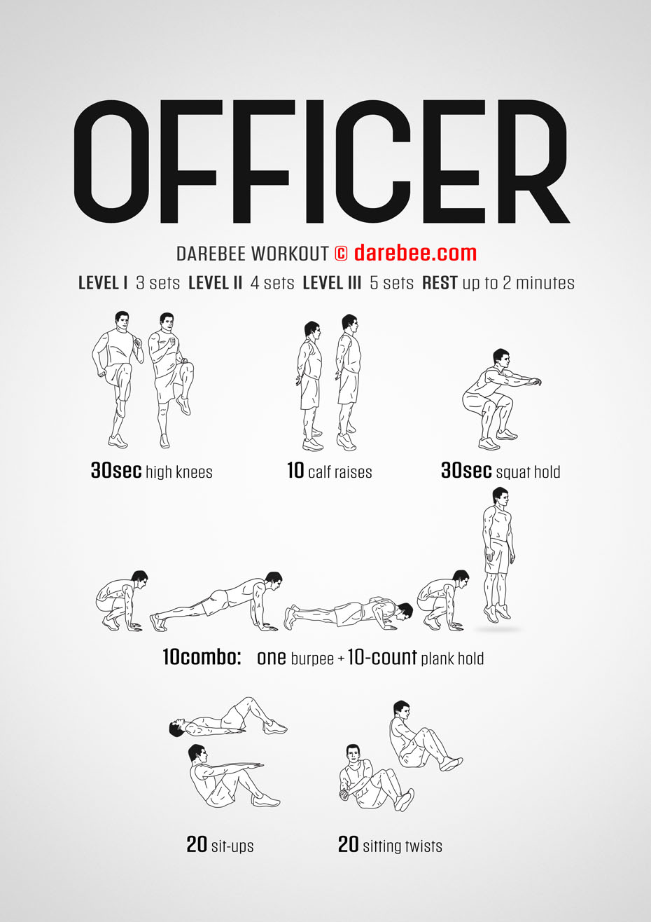 Officer is a DAREBEE total body strength and conditioning workout that targets the entire body and helps build functional strength.