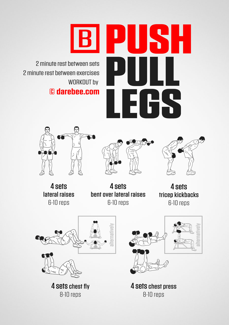 Darebee home-fitness Push, Pull, Legs for upper body and abs strength workout.