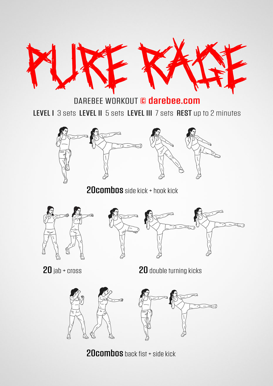 Pure Rage is a Darebee home-fitness, combat-moves based full body workout that will test your balance, coordination, flexibility, dexterity, cardiovascular fitness and VO2 Max.