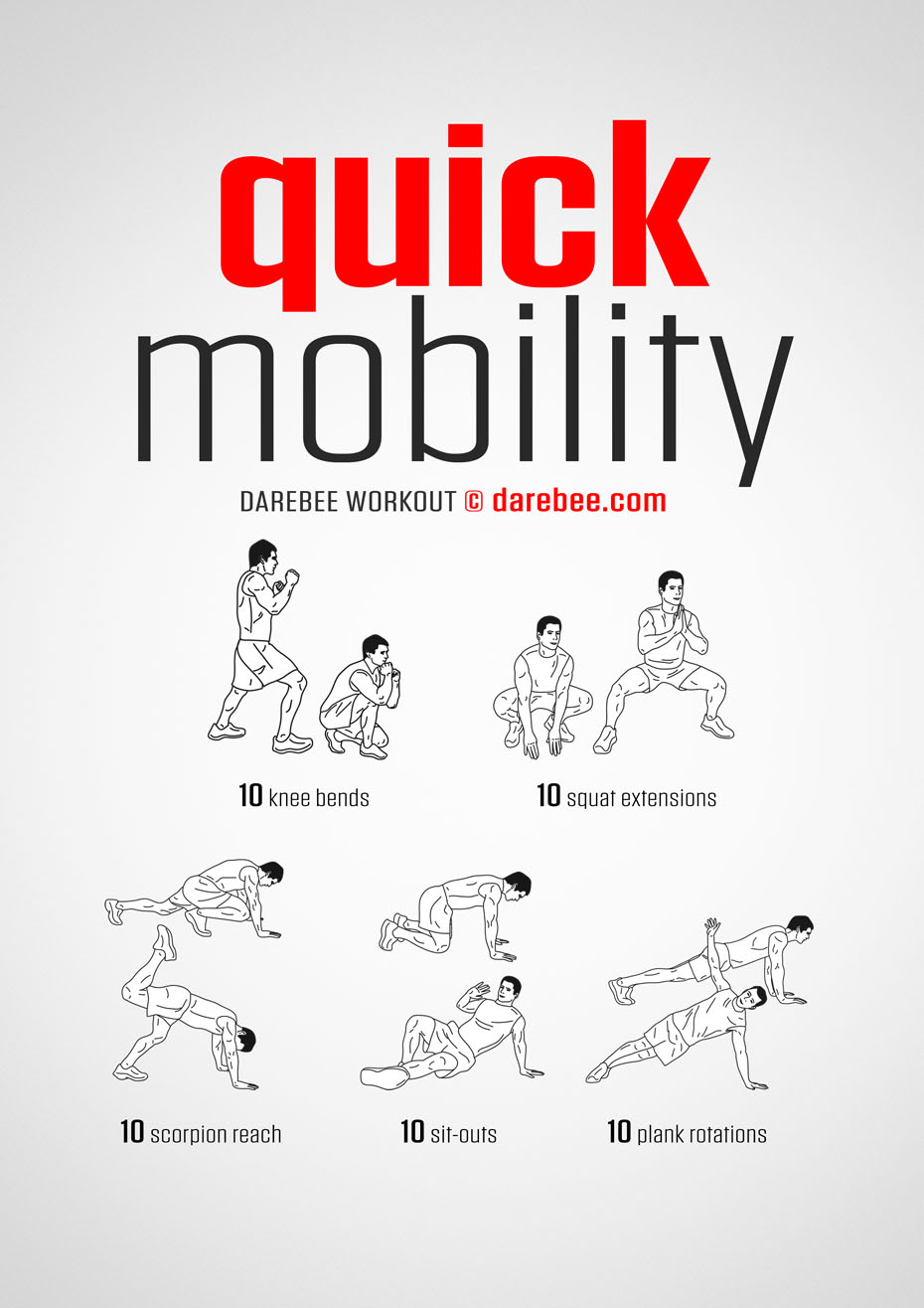 Quick Mobility is a Darebee home-fitness, movement-based, bodyweight stretching-orientated workout that will have you breathing hard in no time at all.