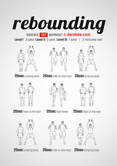 Rebounding is a DAREBEE home fitness no-equipment high-impact workout you can do at home with next to no equipment and very little space for that extra-special bone and muscle strength feeling.