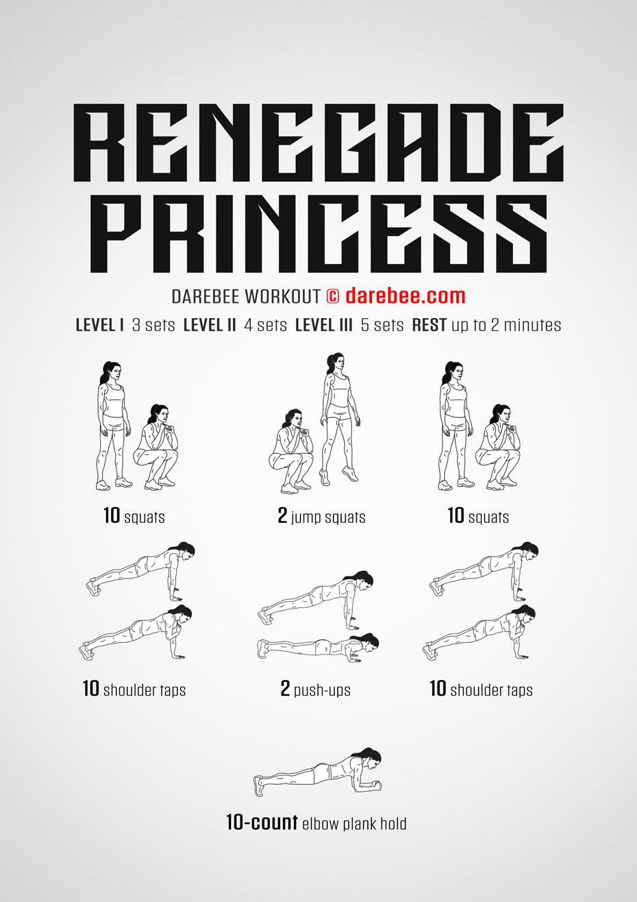 Renegade Princess is a DAREBEE no-equipment total body strength workout that helps you get stronger and feel healthier.