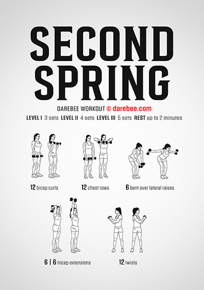 Second Spring is a Darebee home fitness dumbbells-based upper body strength-building de-aging workout you should do when you're at home.