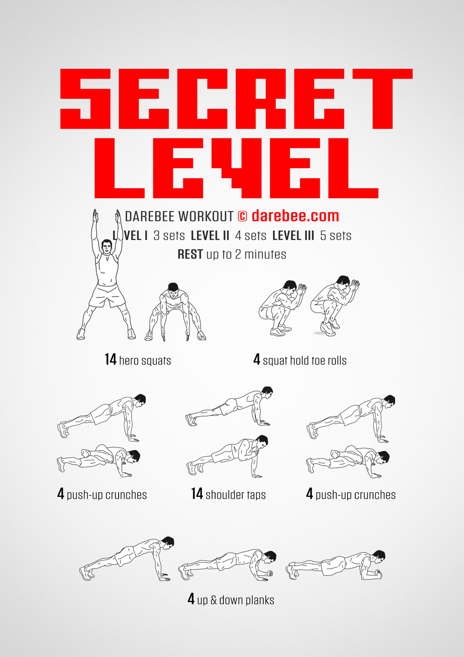 Secret Level is a DAREBEE no-equipment total body strength and tone home workout you can use to help you level up in your total body strength aspirations.