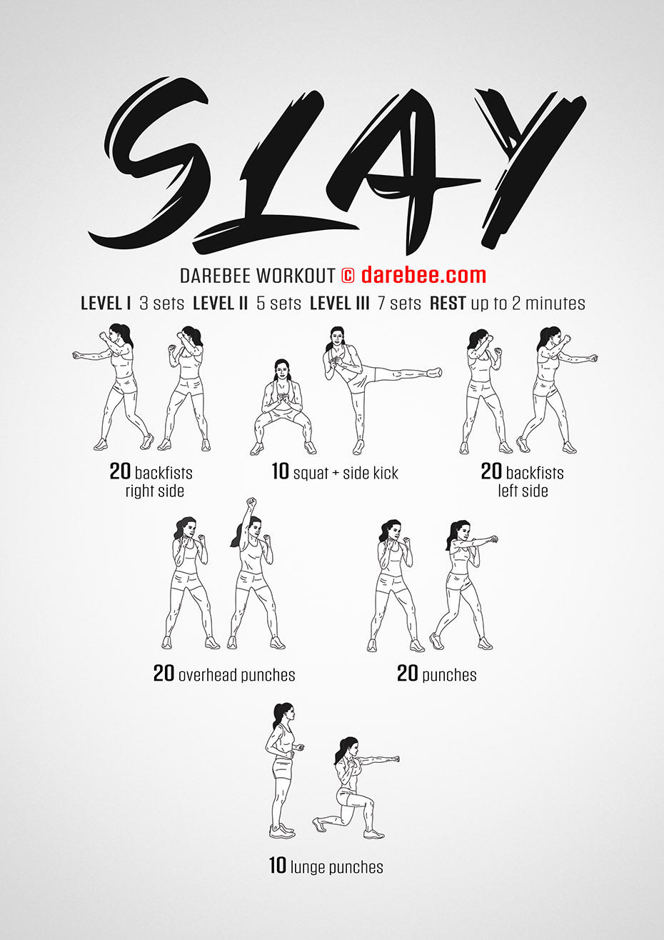 Slay is a DAREBEE home fitness no-equipment total body combat moves based home workout that hits almost all he fitness attributes you need.