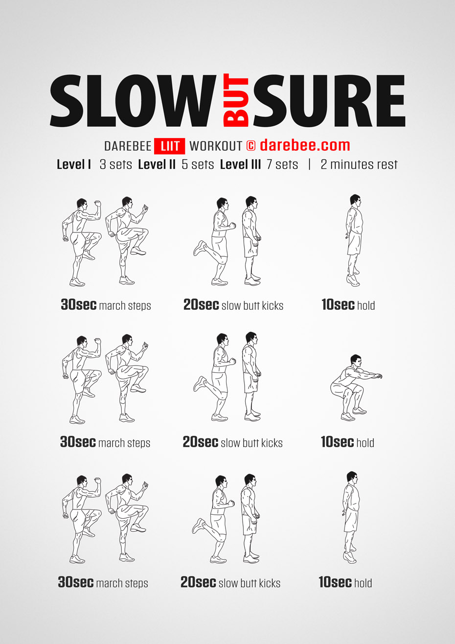 Slow But Sure is a DAREBEE no-equipment home fitness Low Impact Interval Training (LIIT) home workout that gets you fit without pushing you to your limit.