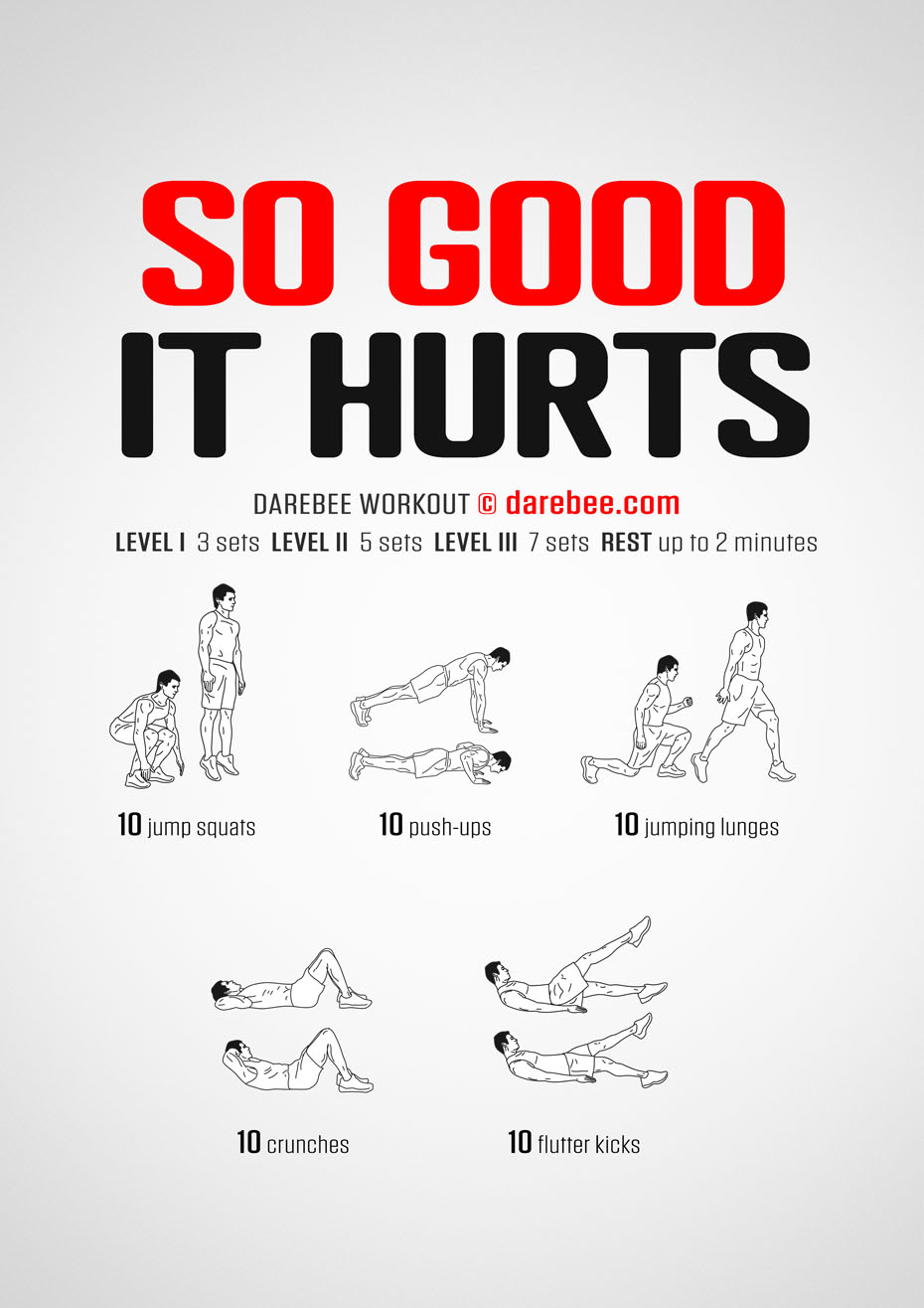 So Good It Hurts is a Darebee no-equipment bodyweight strength workout you can do at home.