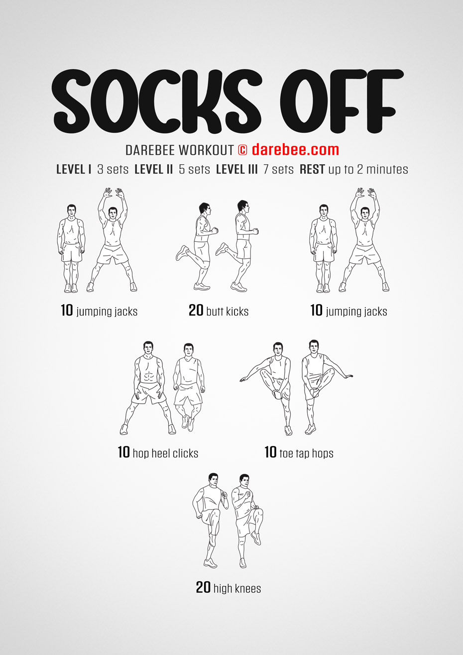 Socks Off is a DAREBEE no-equipment home workout that enhances your cardiovascular and aerobic performance and improves your fascial fitness.