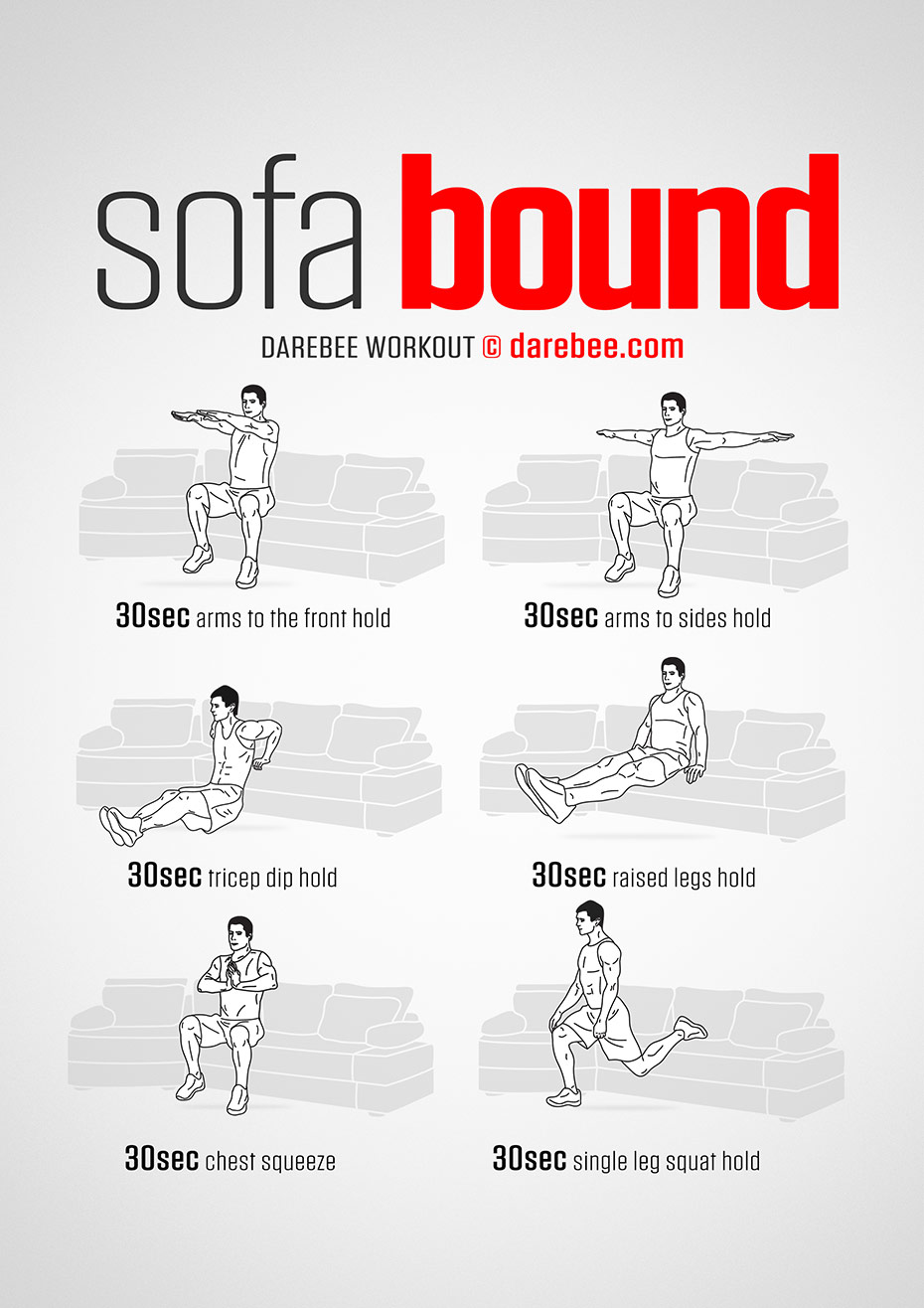 Sofa Bound is a Darebee home-fitness difficulty Level V workout which, however,  can be done without too much effort.