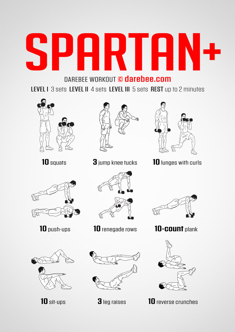 Spartan Plus is a DAREBEE home fitness dumbbells-based resistance training workout aimed at a total body strength development.