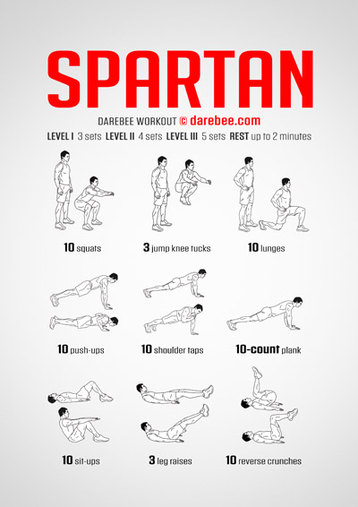 Spartan is  DAREBEE home fitness no-equipment total body strength workout that will help you level up in your fitness.