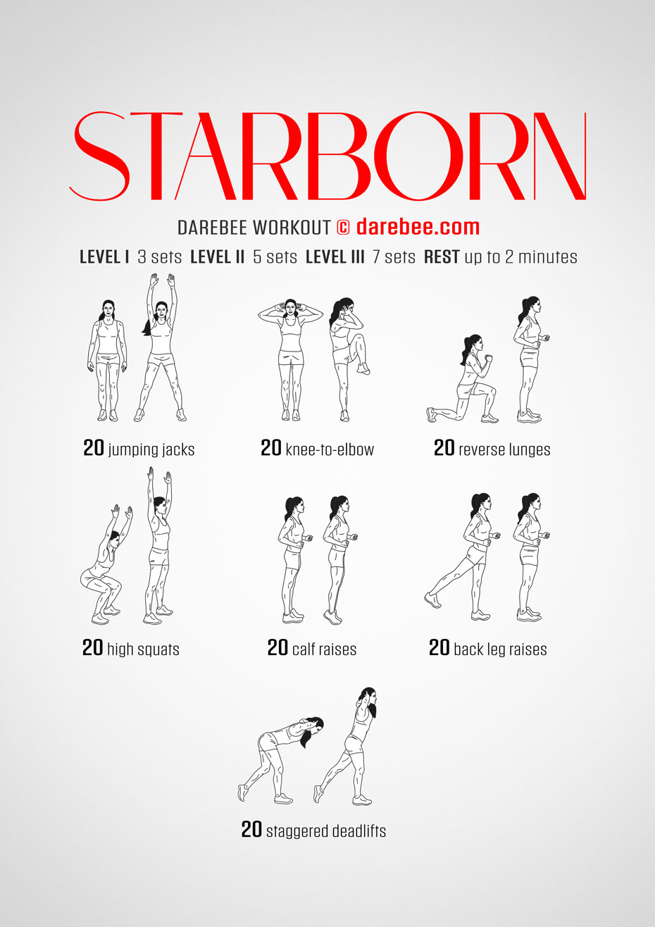 Starborn is a Darebee home fitness cardio and aerobics workout that helps you develop greater endurance and movement control.