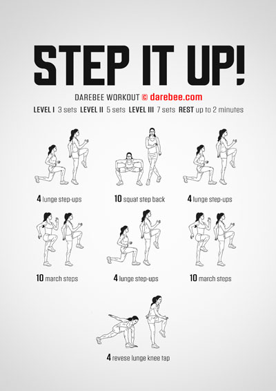 Step It Up! is a DAREBEE home fitness lower body no-equipment workout that will help you increase your lower body strength and improve your cardiovascular system.