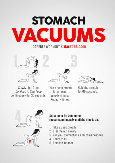 Stomach Vacuums is a DAREBEE no-equipment body and mind exercise that helps you develop stronger core and front abdominals and achieve a deeper inner peace.