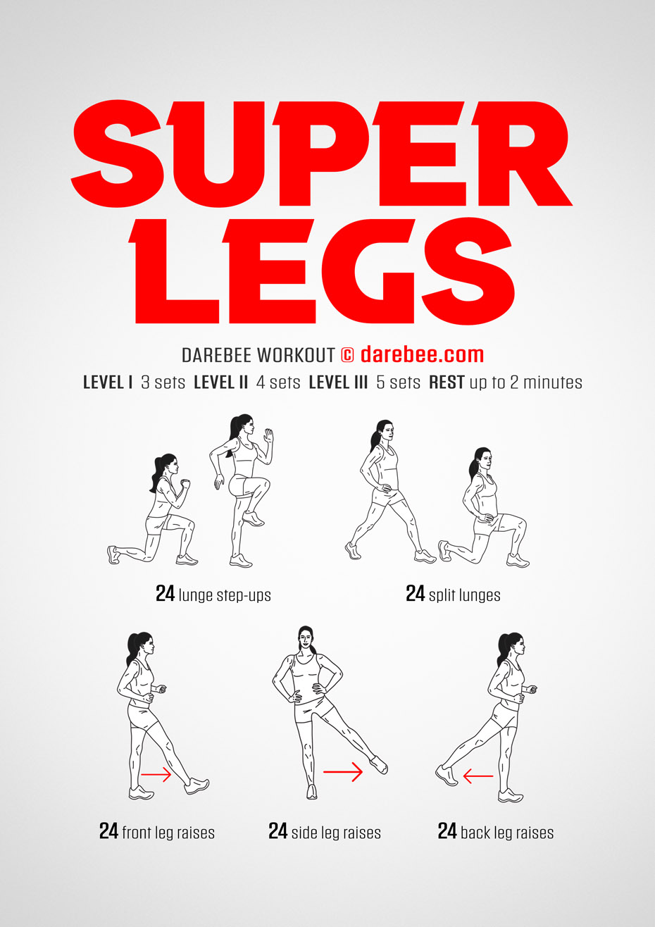 Super Legs is a DAREBEE no-equipment home-fitness lower body workout that helps you develop amazing-looking super strong legs.