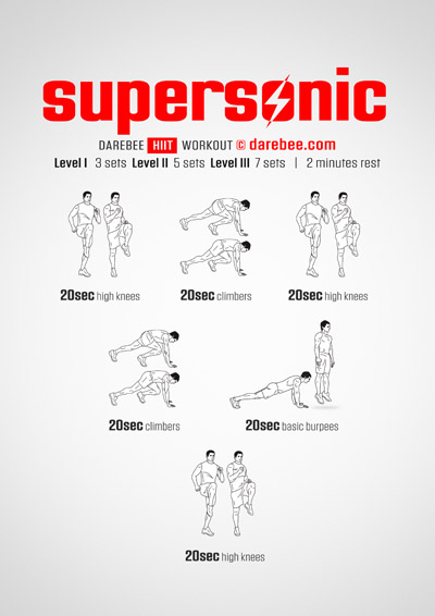 Supersonic is a DAREBEE home fitness no-equipment High Intensity Interval Training (HIIT) workout that will torch your muscles and push your cardiovascular and aerobic systems.