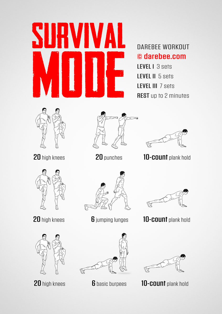 Survival Mode is a total body cardio, strength and speed workout from the Darebee home-fitness collection of home workouts.