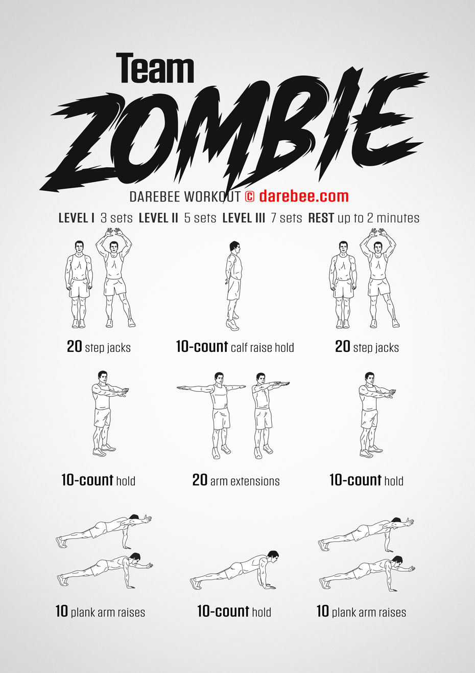 Team Zombie is a DAREBEE home fitness no-equipment home workout that helps you get fit enough to survive the potential Zombie Apocalypse.